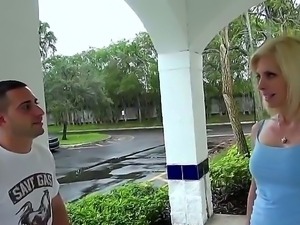 Horny blonde milf willingly gets in my car and demonstrates her boobs on the...