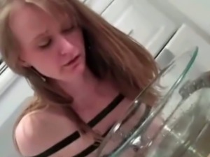 Blonde drinks her own piss from a bowl