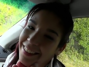 Young hot teen Alexis Perez gives dirty blowjob in the car to hunk Jmac