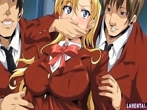 Huge titted hentai blondie gets double penetrated in gangbang