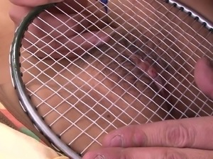 schoolgirl gets a badminton racket on her clit