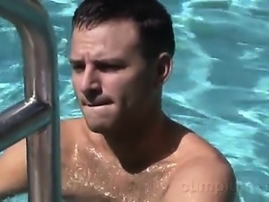 Alexander is swimming in the pool naked when Ethan walks up.