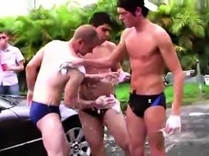 Teen amateurs strip outdoors in gay fraternity car wash