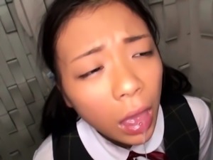 Innocent asian schoolgirl tasting cum closeup