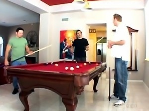 Pool players use meat poles to smash a hooker's holes