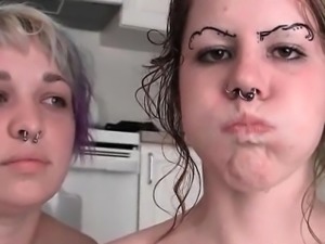 Naked lesbos drink and crawl in hot piss