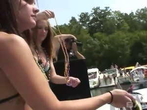 A couple of sexy slutty chicks enjoy company with horny cute dudes on the boat
