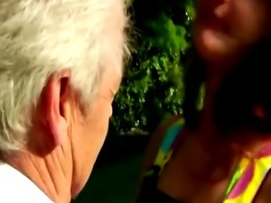 Horny older grandpa pounding you brunette babe outdoor