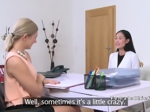 Asian babe licks Euro female agent