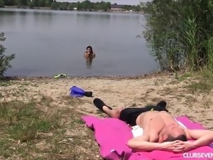 Busty Russian amateur teen fucks and sucks outdoor