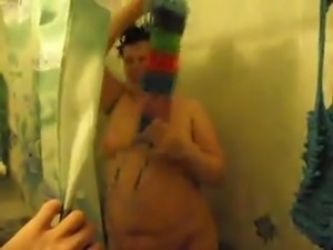 Mature Russian woman taking shower while I film her on camera