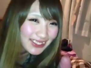 Cute straight haired happy Japanese girl does her best while sucking cock
