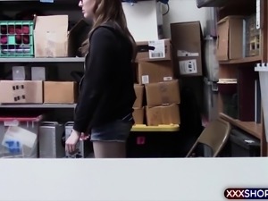 Geeky shoplifter chick punished by a rough blowjob