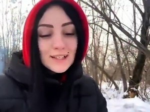 Slutty brunette gets fucked outdoor in cold Russian winter l