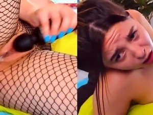 Lustful camgirl in fishnets pleases herself with sex toys