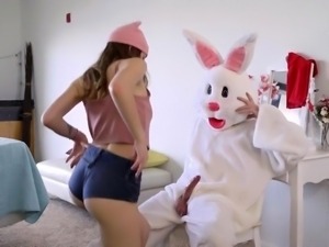 Lucky bunny has two beautiful teens sharing his meat stick