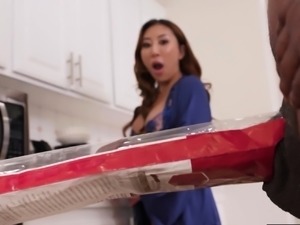 Asian babe ate a big black meat baguette