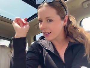 Cute slut almost got caught fucking her pussy with a big dildo in her car...